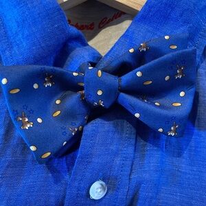 Blue Hermes Classic Bow Tie with Brown Bunnies and Golden Eggs